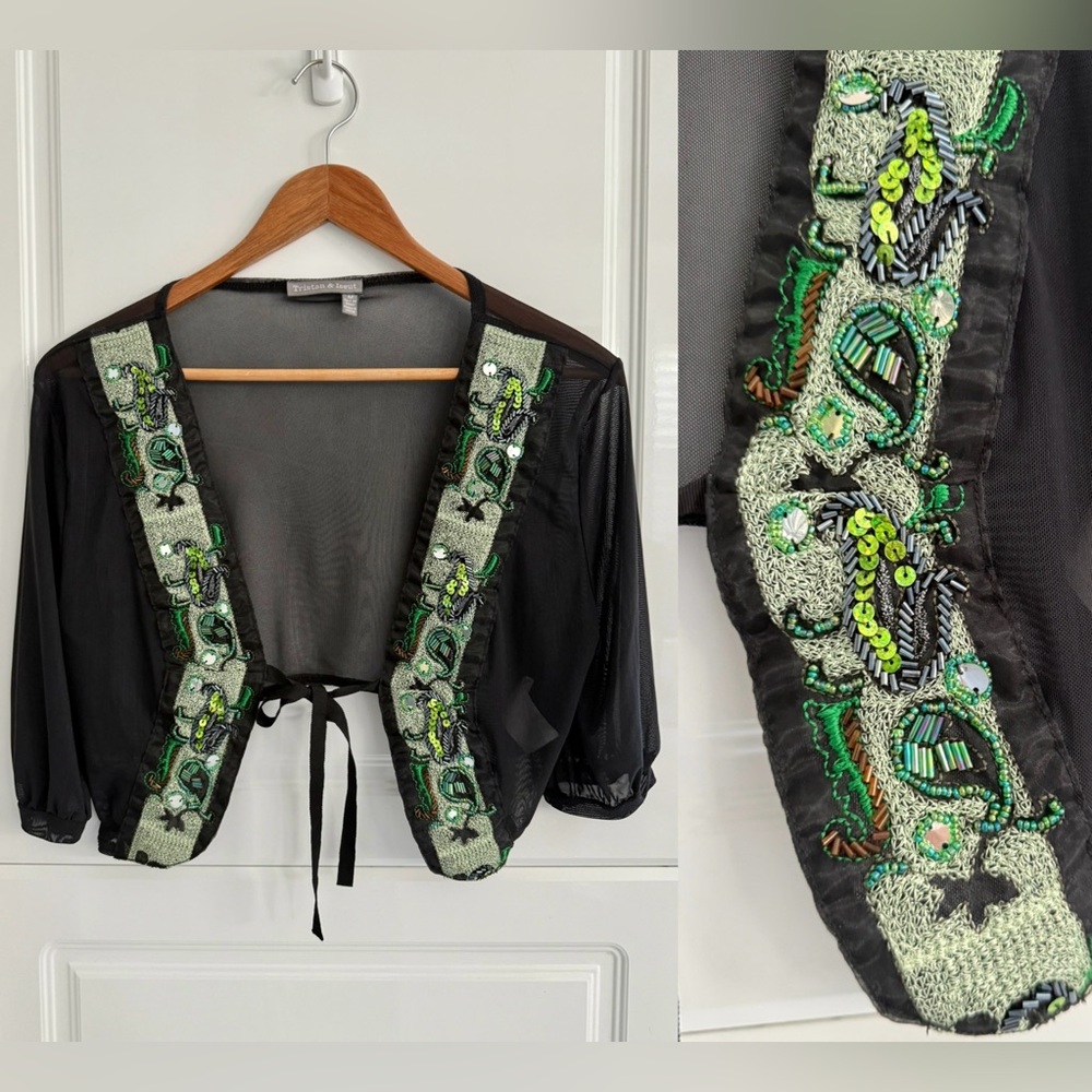 Black Sheer Embellished Sequin Embroidery Crop Cardigan - S